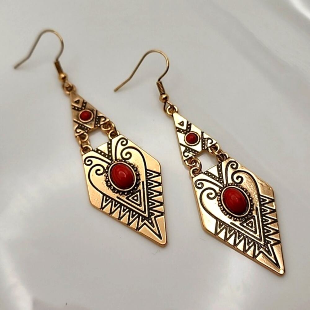 Phoenix Rising Gold Boho Engraved Pointy Red Stone Earrings